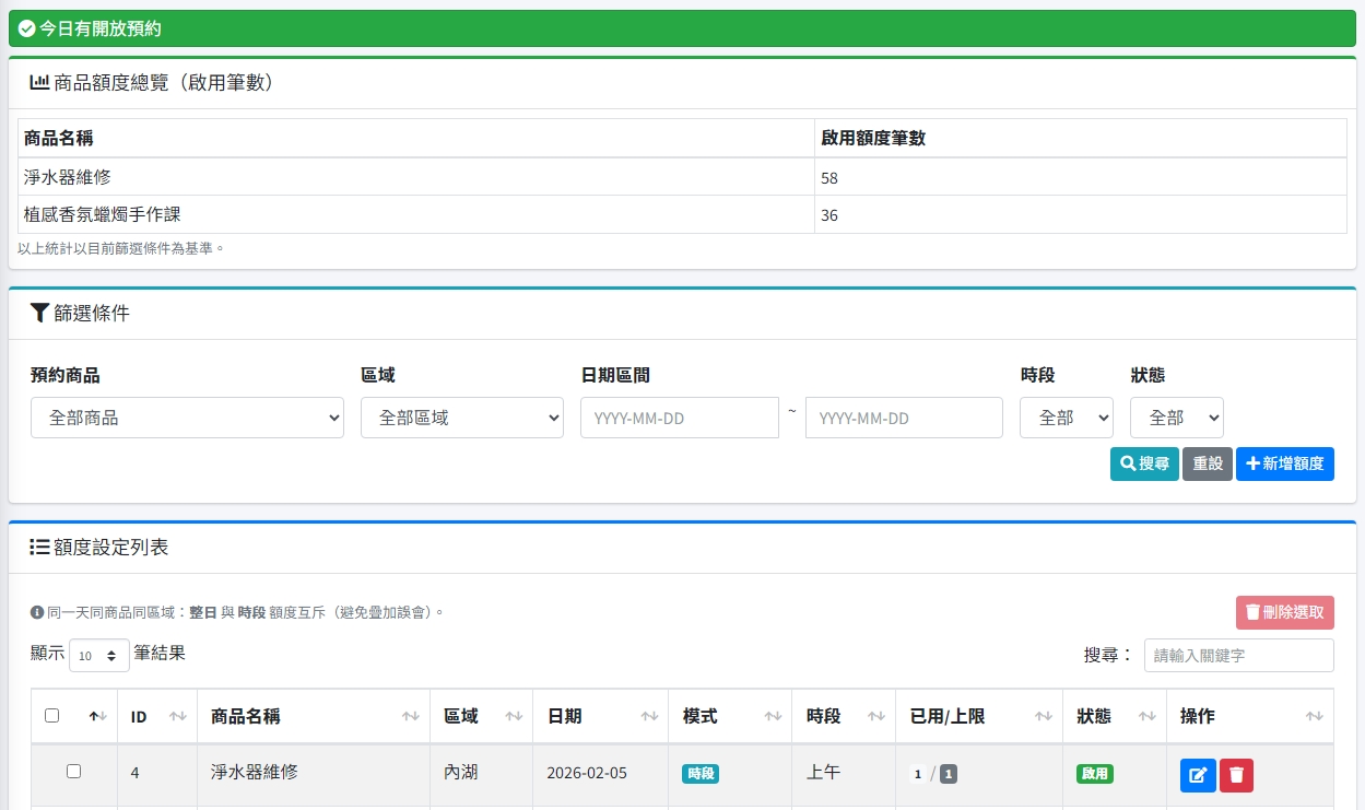 後台額度設定列表畫面